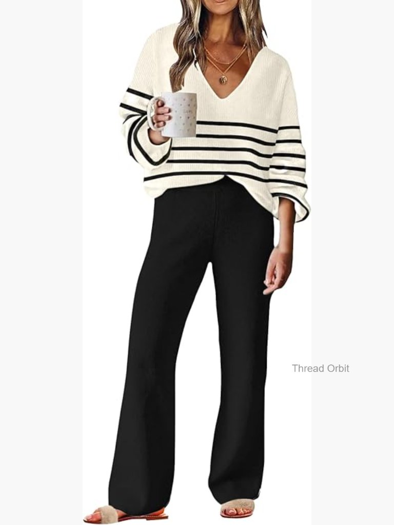 Soft Knit V-Neck Sweater Set Wide Leg Pants Lounge Wear Medium